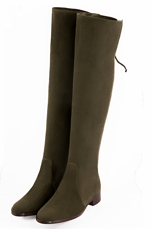 Khaki green women's leather thigh-high boots. Round toe. Flat leather soles. Made to measure. Front view - Florence KOOIJMAN